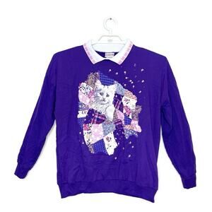 Vtg Purple CAT‎ Kitten Sweatshirt Collared Patchwork Quilt 80s 90s Granny Sz M